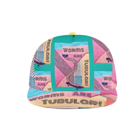 Worms are Tubular Rad Watercolor Skateboarding Worm Pun Dad Joke FlatBill Hat - Picture 8 of 10